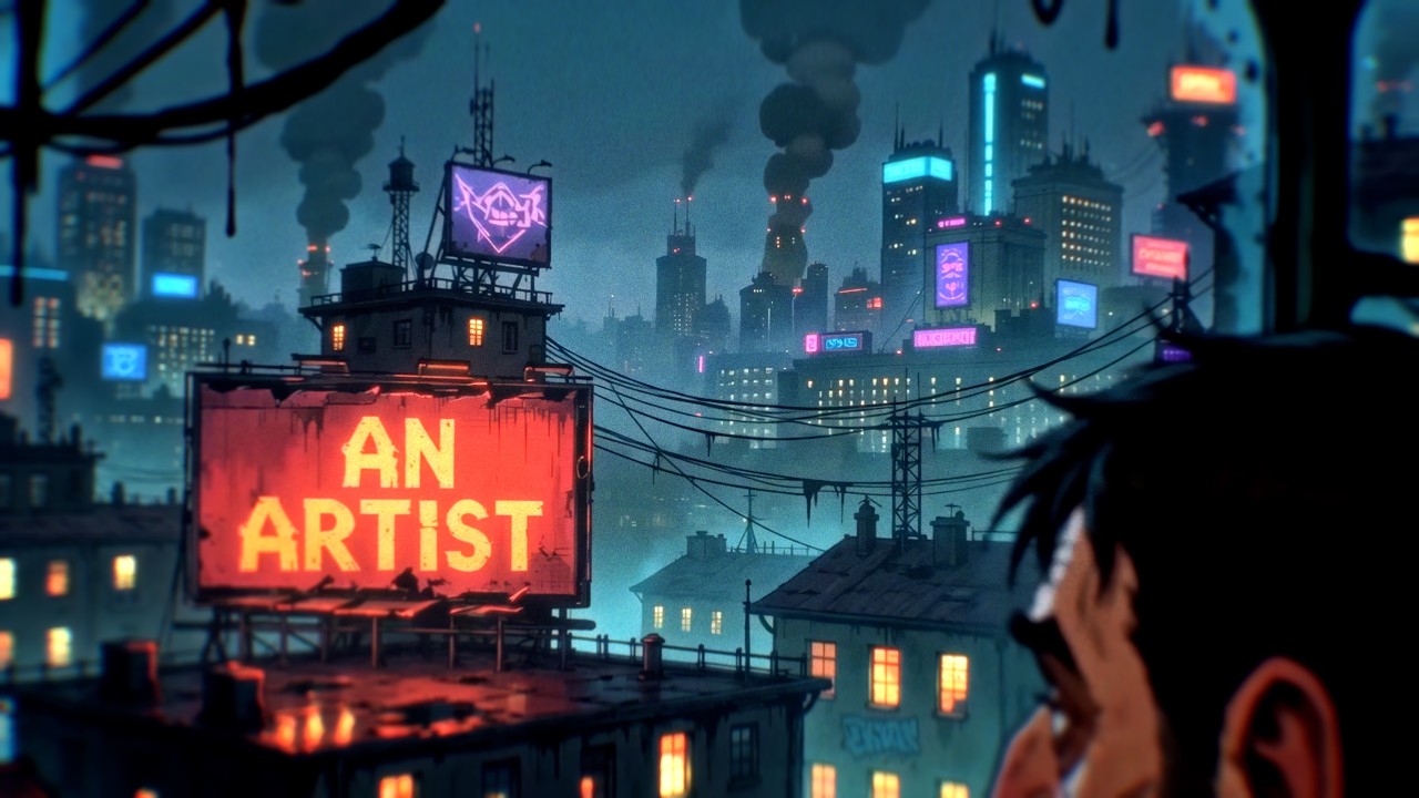 A neon An Artist sign above a rainy industrial city, with a figure in the foreground
