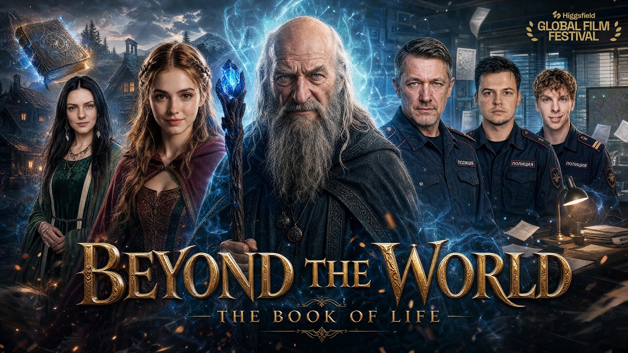 An ensemble of police officers and fantasy characters beside a glowing book and the film title