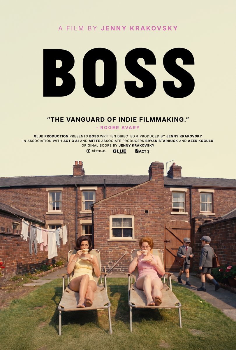 Final BOSS poster with black lettering above a brick courtyard and two women in deckchairs