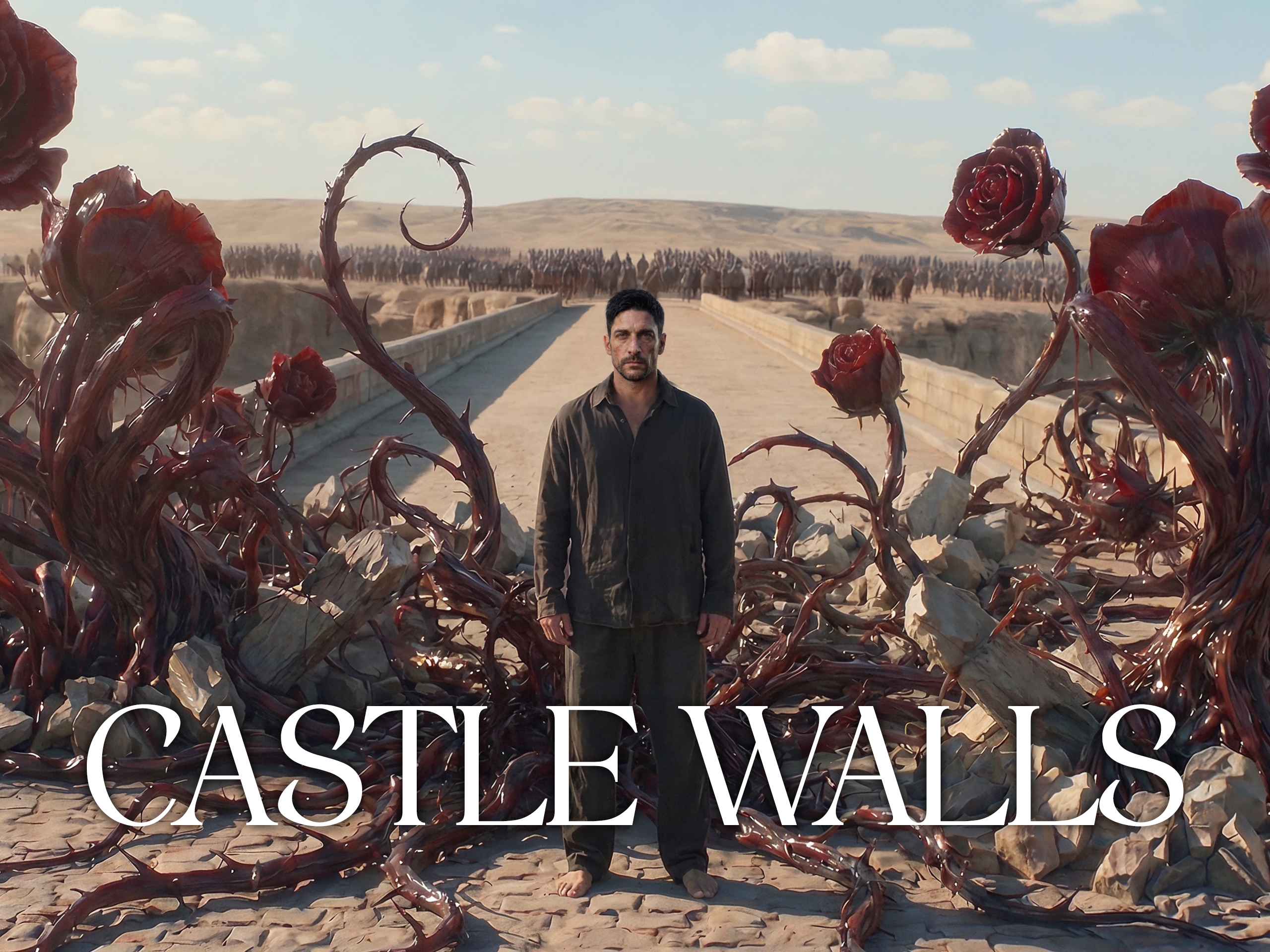 Castle Walls artwork: a man on a desert bridge framed by thorned roses