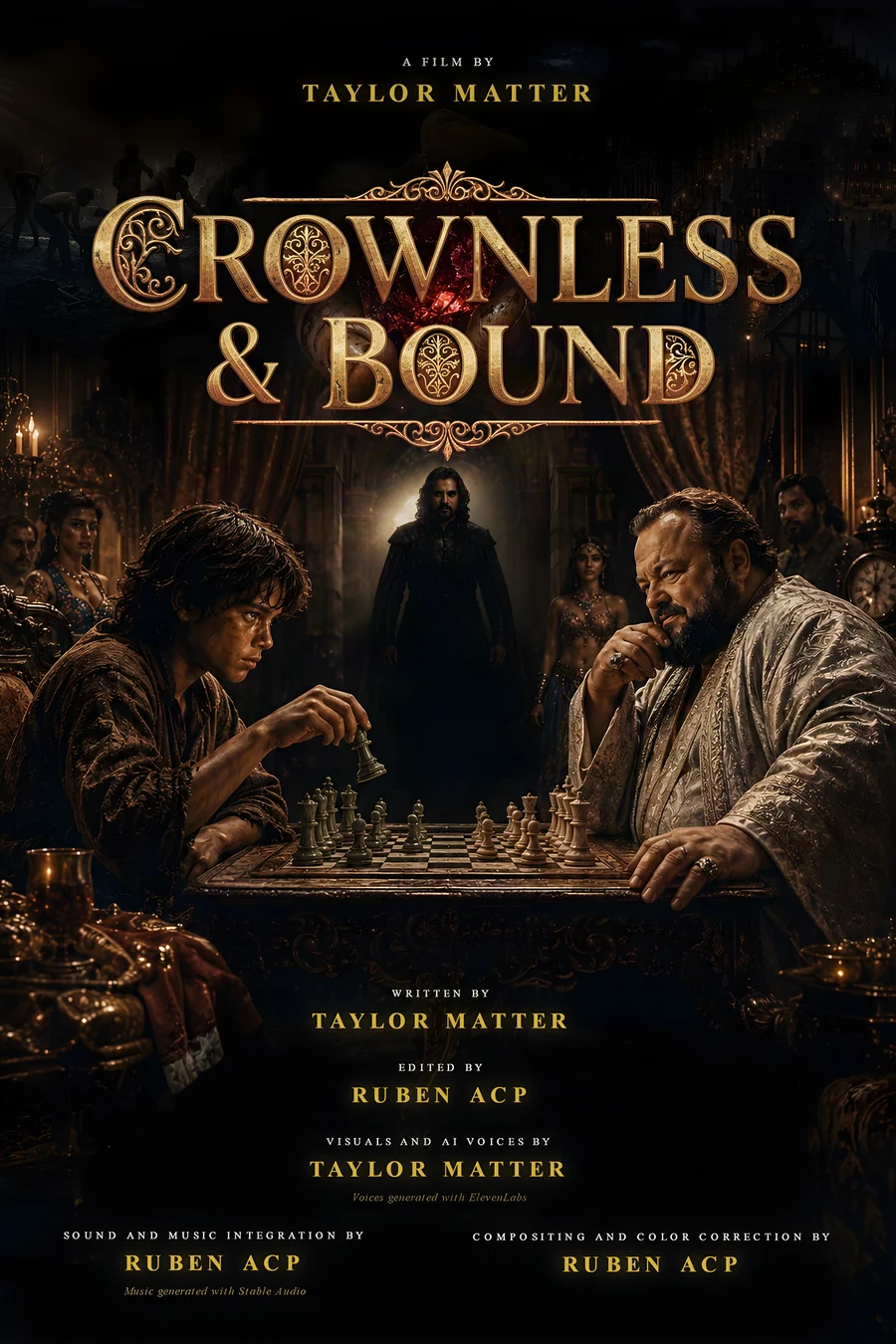 Crownless & Bound poster showing a young man facing a nobleman across a chessboard