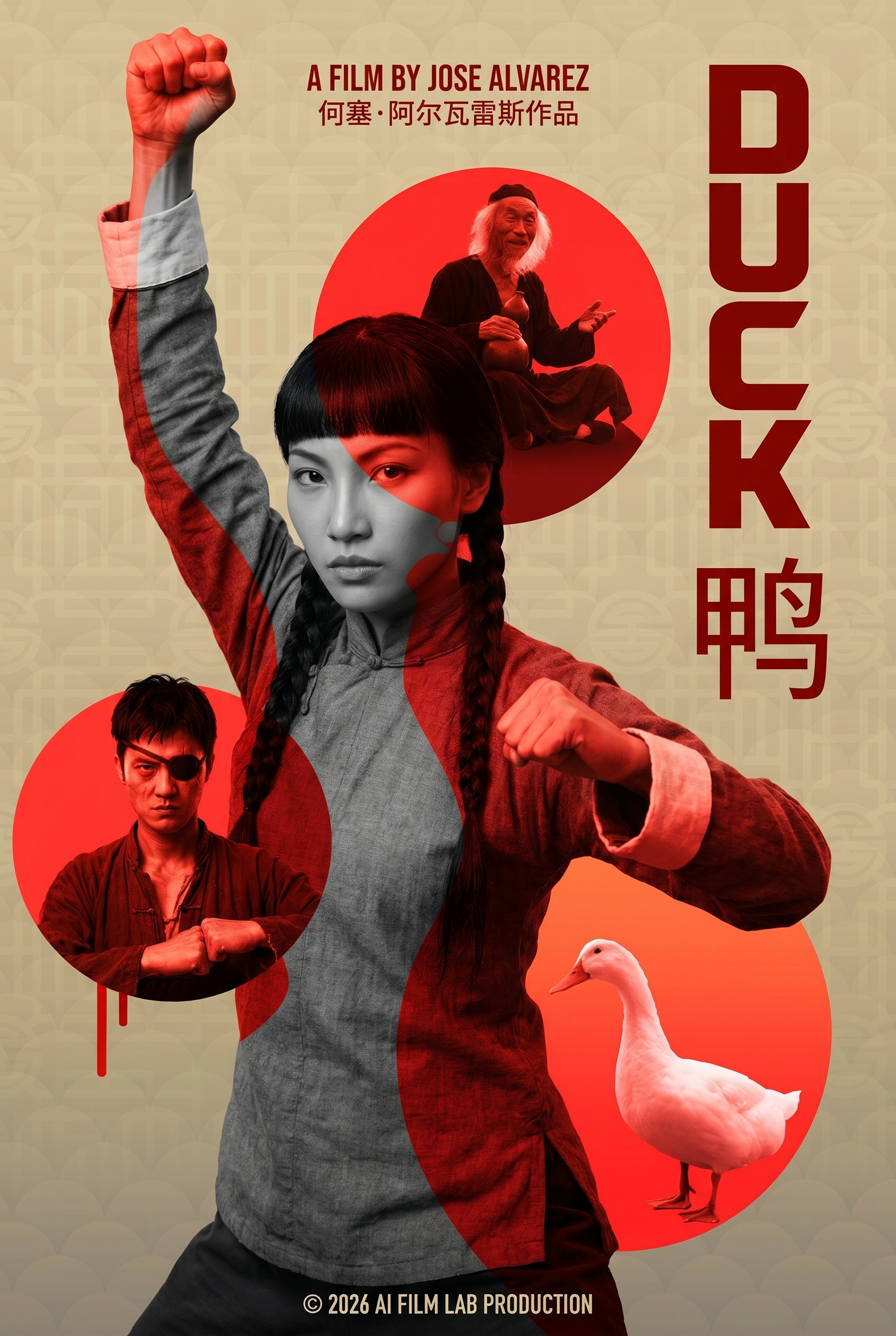 Duck poster: a martial artist raises her fist among red circles, supporting characters and a white duck
