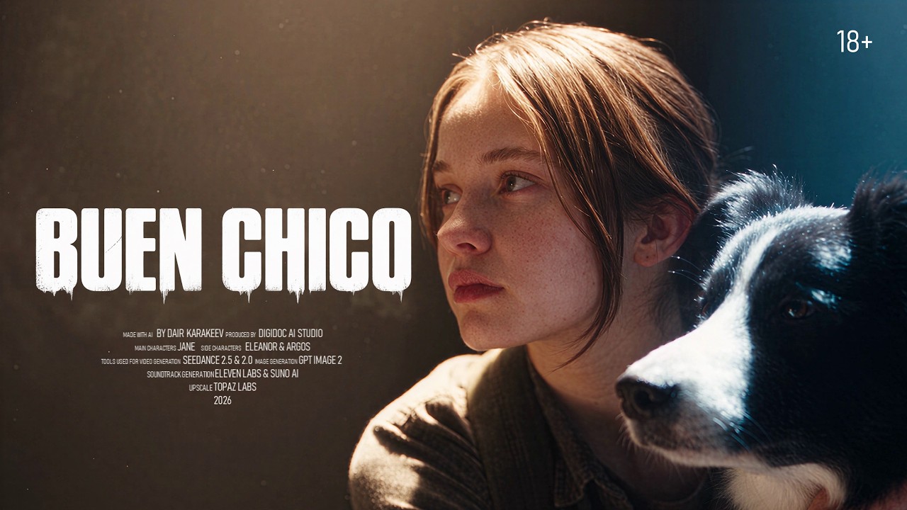 A girl beside a dog under the Spanish title Buen Chico, with production tool credits