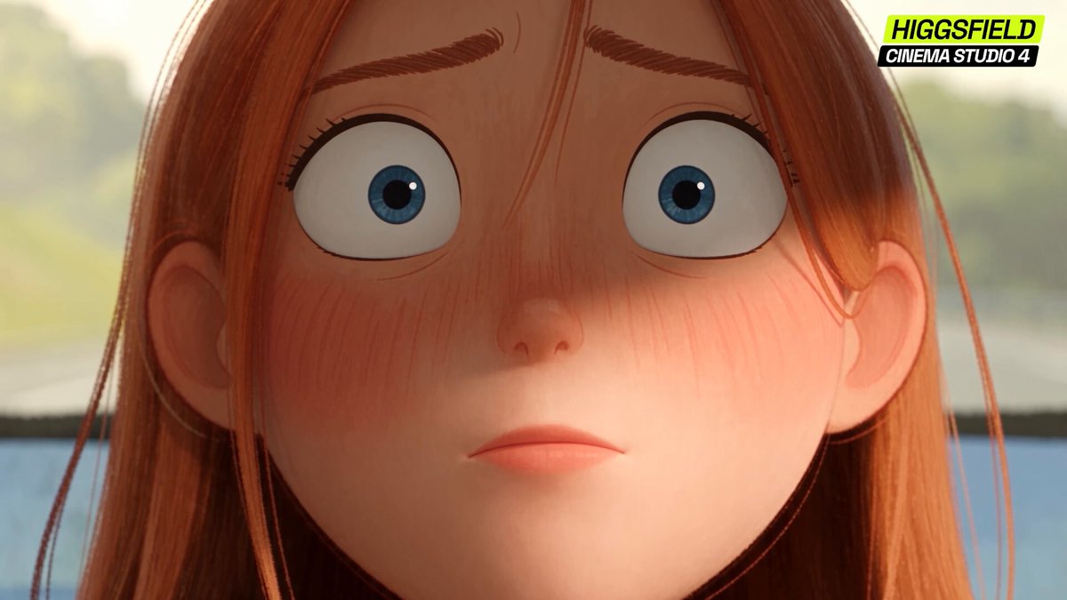 Close-up of the red-haired animated heroine looking alarmed