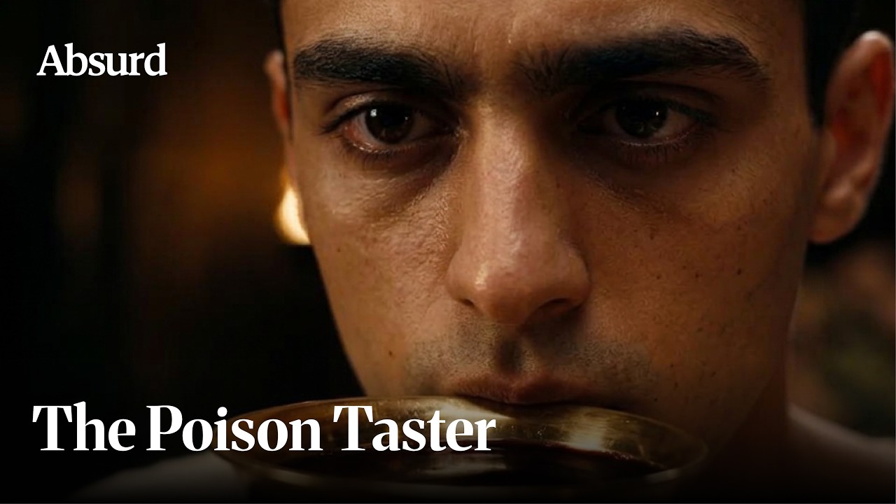 A young man raises a cup beneath The Poison Taster title