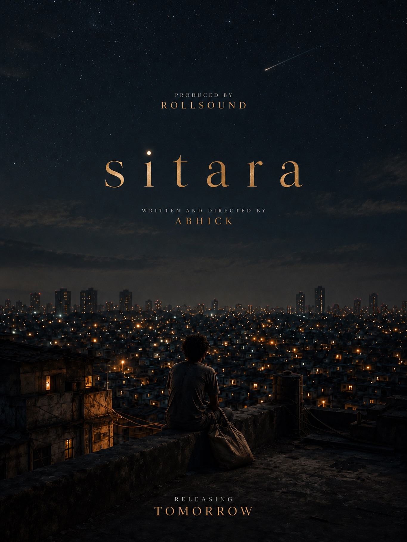 SITARA poster showing a seated figure above a city at night beneath a starry sky