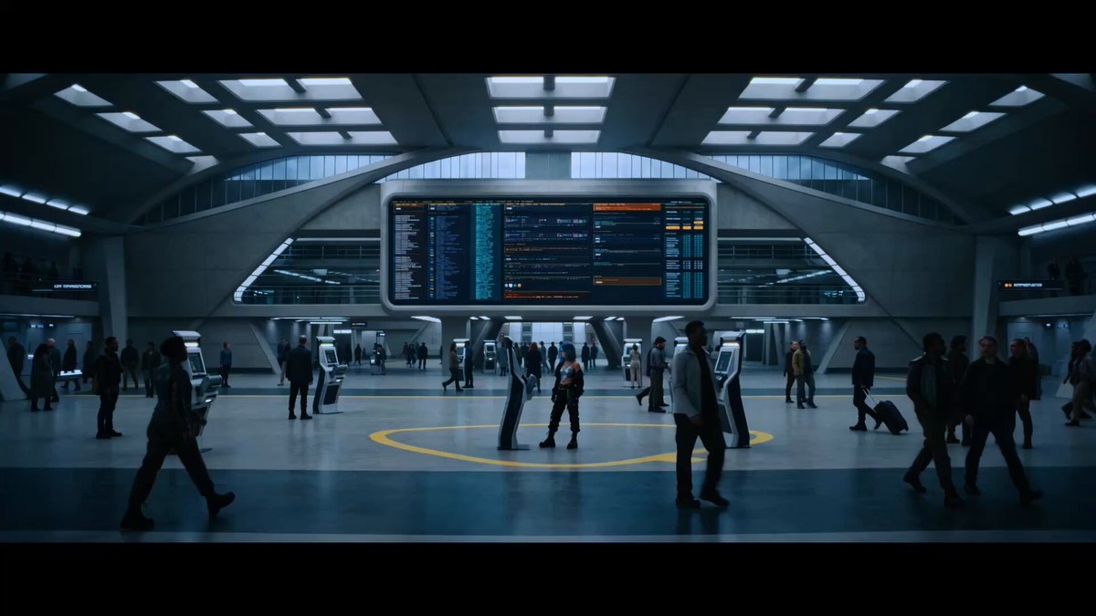 Travellers in a futuristic terminal beneath a large arrivals-style information board